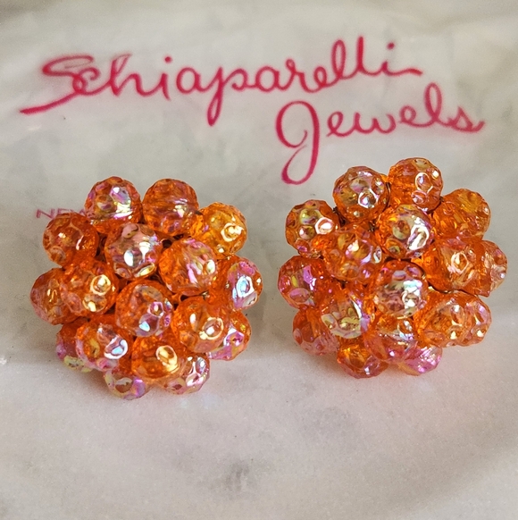 Schiaparelli Jewelry - SCHIAPARELLI Vintage Bright Orange Crystal Beads Cluster Clip Earrings